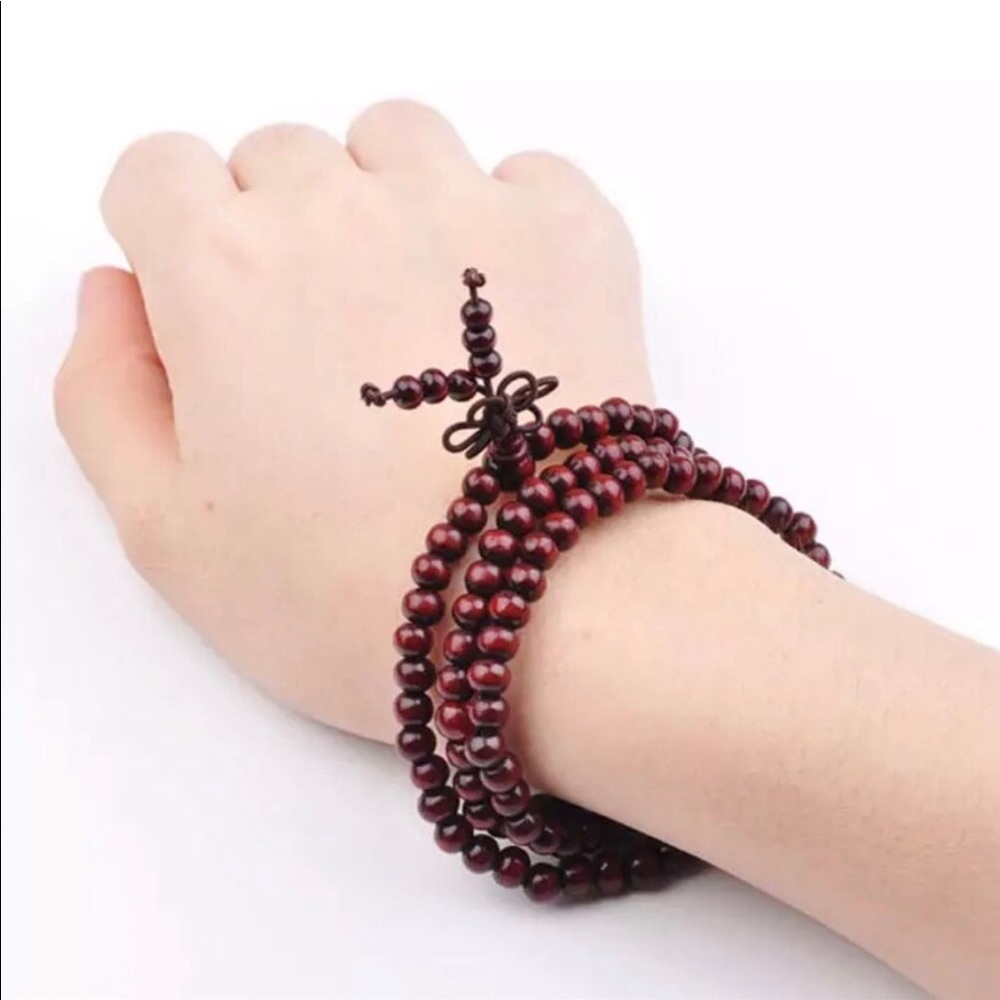 NEW Green Mala 6mm Wrap Bracelet 20" Elastic Cord 108 Rosewood Bead Zen Prayer - Picture 2 of 6